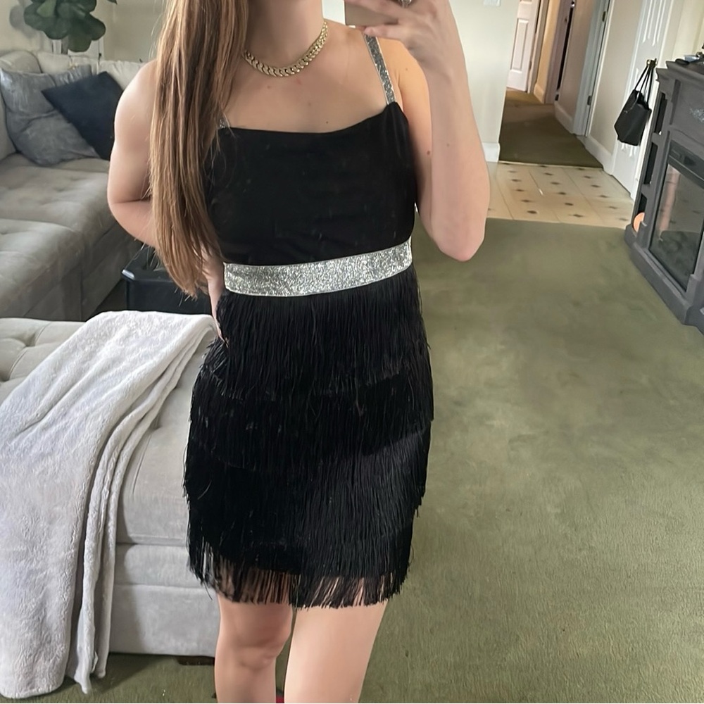Lussoire | Black Fringe Mini Dress Size Small